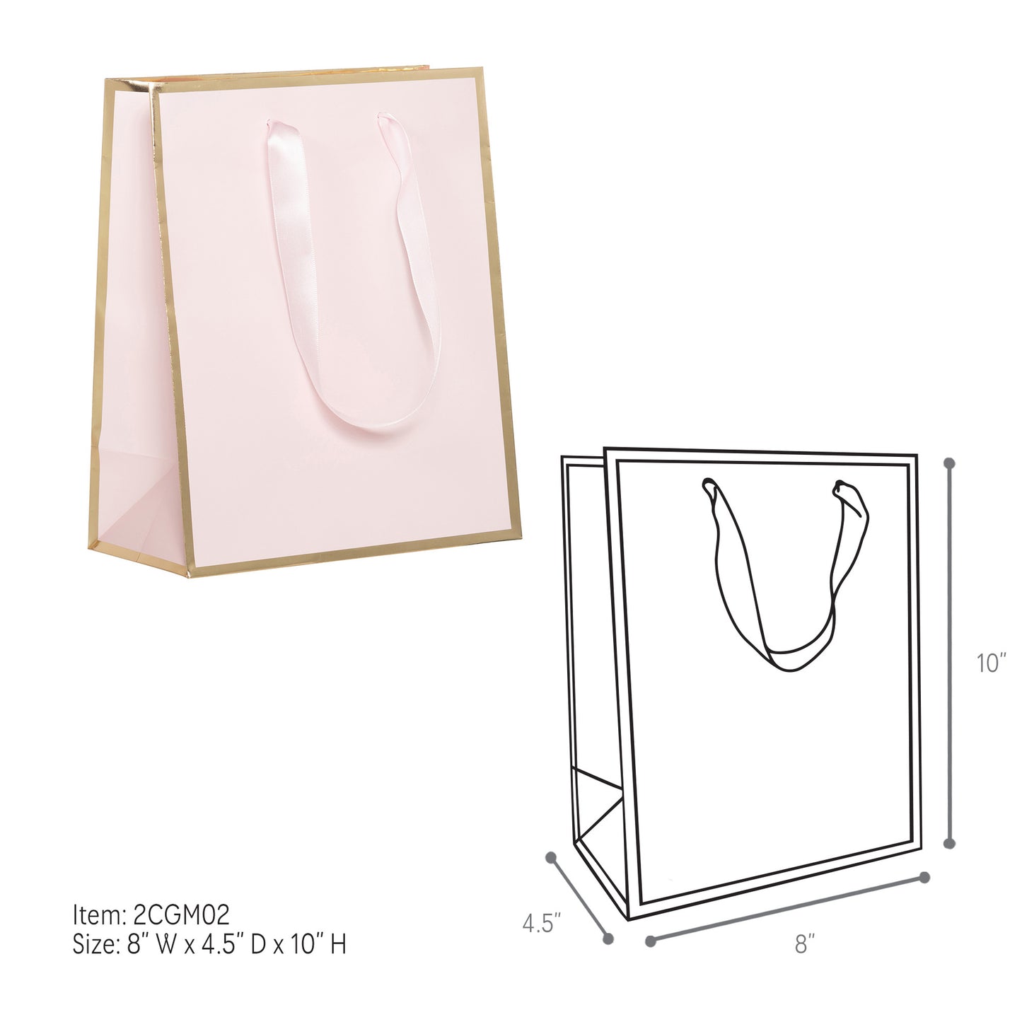 Pink gift bag with gold trim and dimensions on a white background