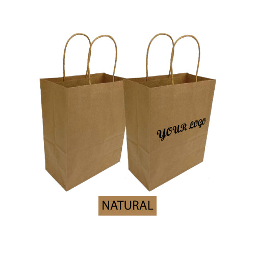 Two brown paper bags with twisted handles and your logo on them