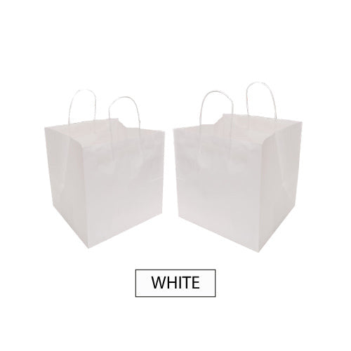 Two logoed white paper bags with twisted handles in bakery size
