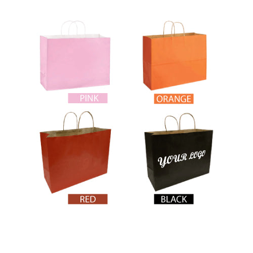 Four twisted handles paper shopping bags in various colors with individual labels.