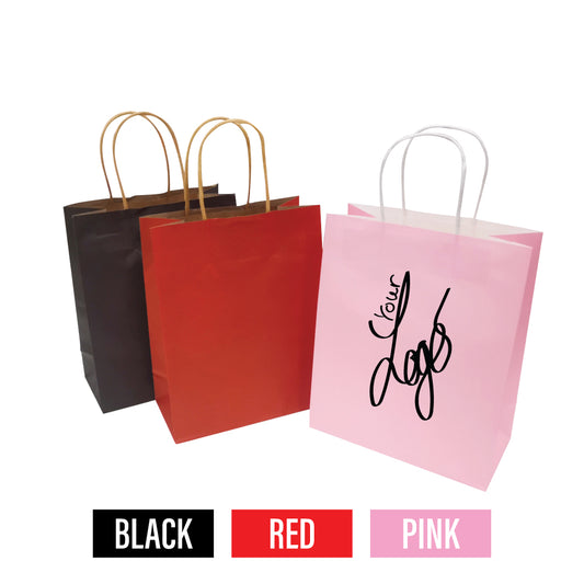 Three paper bags in different colors, each with the word "your logo" printed on them.