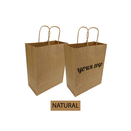Two brown paper bags with twisted handles and marked as "natural".