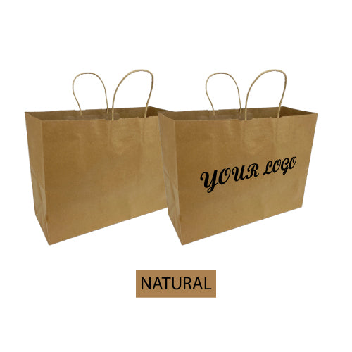 Two fashion size brown paper bags with twisted handles