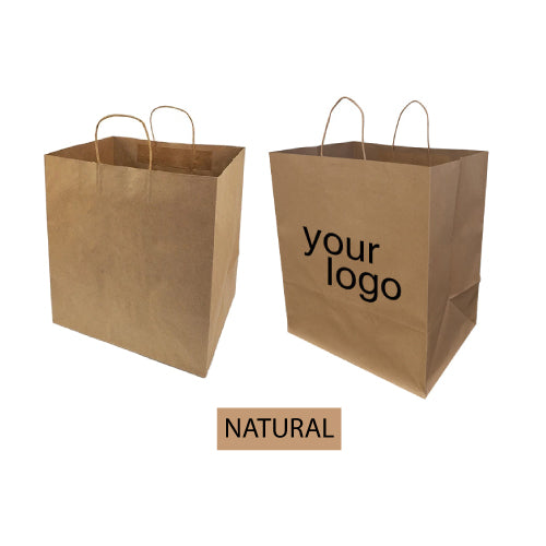 Two brown paper bags featuring the word 'natural' in bold lettering and the words "Your Logo" printed on them.