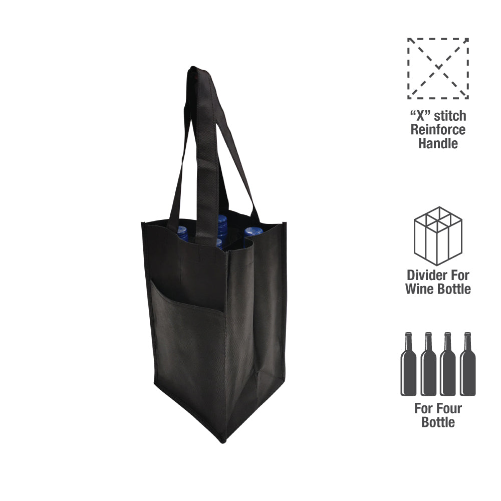 A black wine bag with handles and front pocket