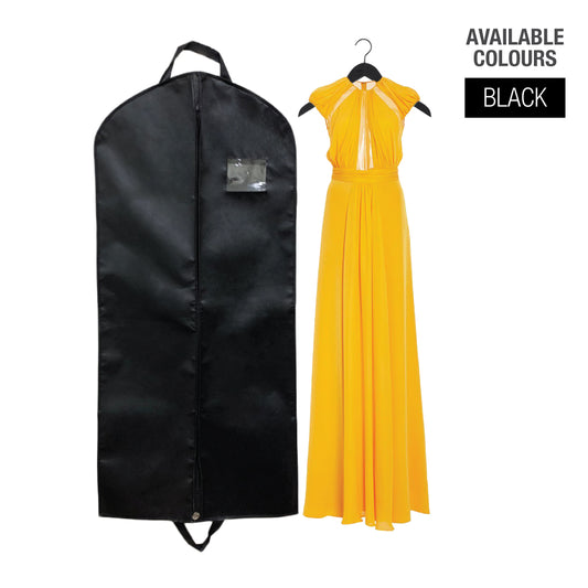A black garment bag with handle next to a hanging yellow dress