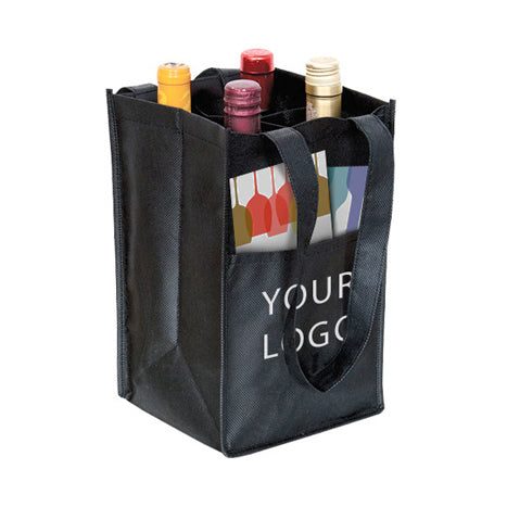 A black non-woven wine bag holding four bottles of wine with front pocket and the words "your logo" imprinted