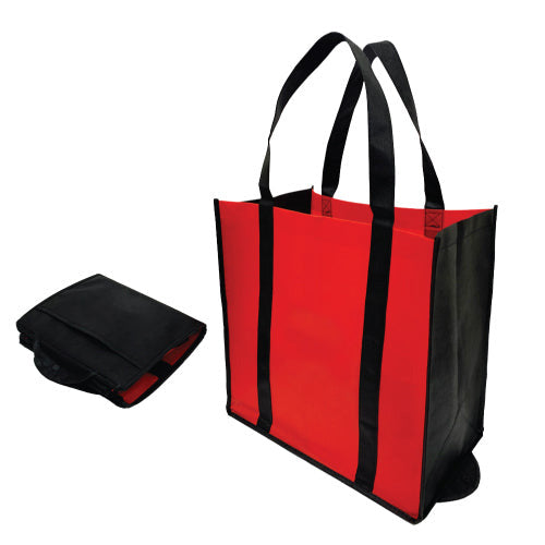 Foldable non-woven shopping bag in red and black with logo design