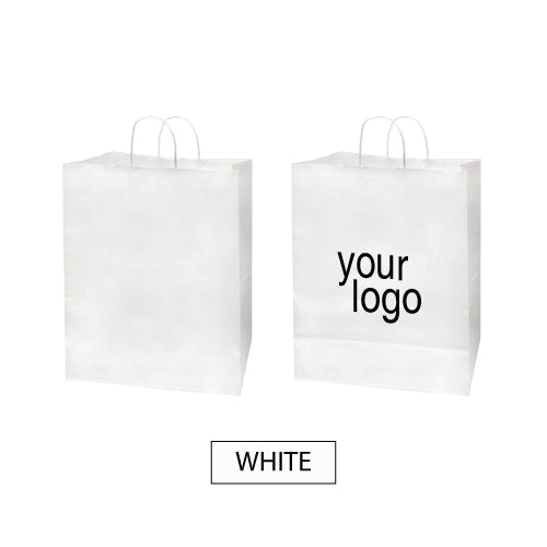 Two white paper shopping bags with logo