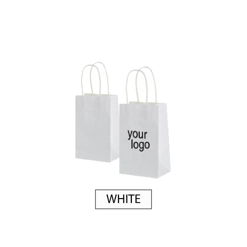 Two white paper bags with twisted handles and the word "your logo" printed on them