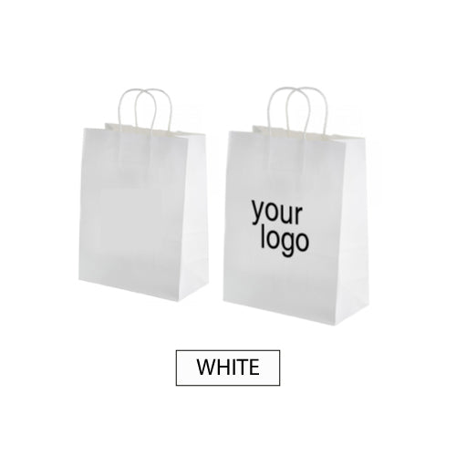 Two white paper bags with twisted handles and your logo on them