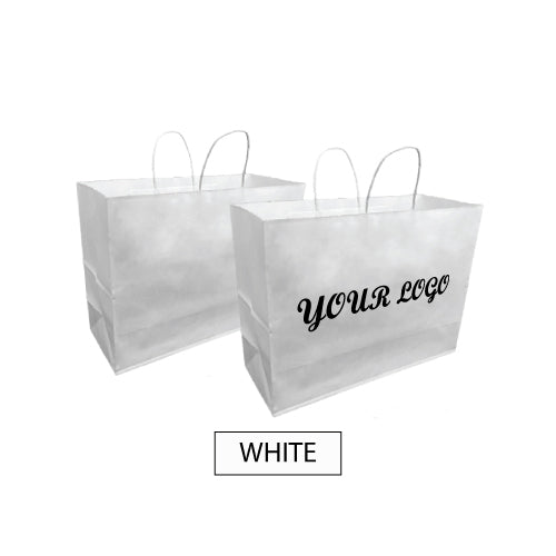 Two fashion size white paper bags with twisted handles and the words "Your Logo" printed on them