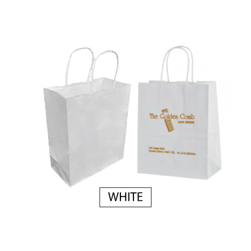 Two white paper bags with gold logo and white writing.