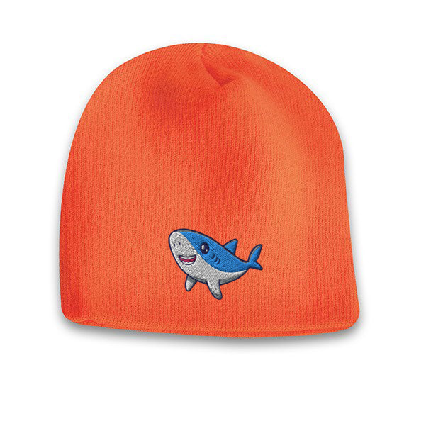 Bright orange acrylic knit beanie with embroidered cute shark logo on the front