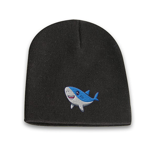 Black acrylic knit beanie with embroidered cute shark logo on the front