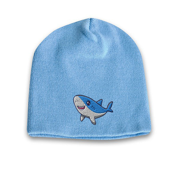 Light blue acrylic knit beanie with embroidered cute shark logo on the front