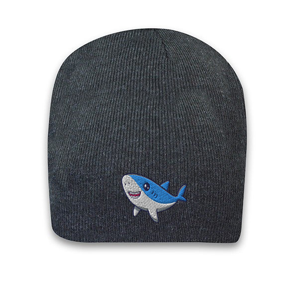 Charcoal grey acrylic knit beanie with embroidered cute shark logo on the front
