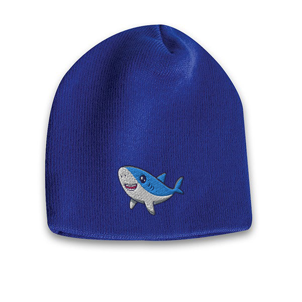 Dark blue acrylic knit beanie with embroidered cute shark logo on the front