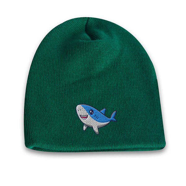 Forest green acrylic knit beanie with embroidered cute shark logo on the front