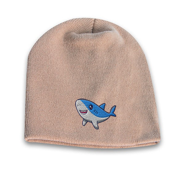Khaki acrylic knit beanie with embroidered cute shark logo on the front