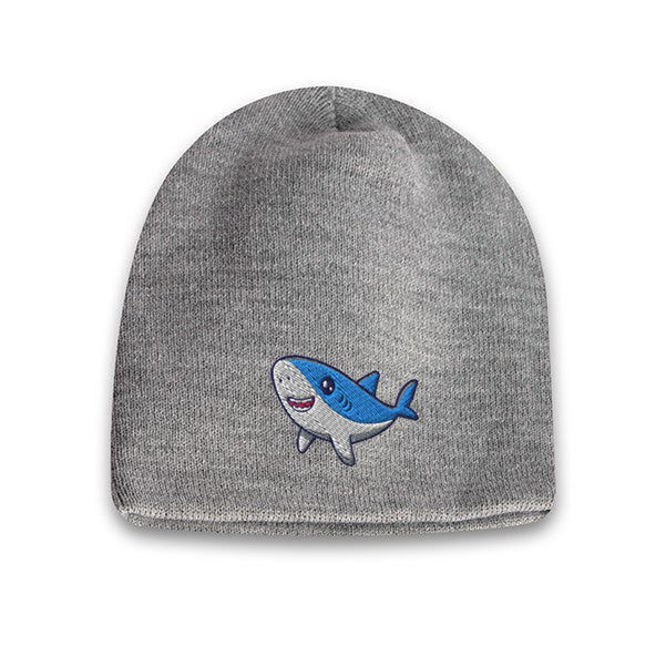 Light grey acrylic knit beanie with embroidered cute shark logo on the front