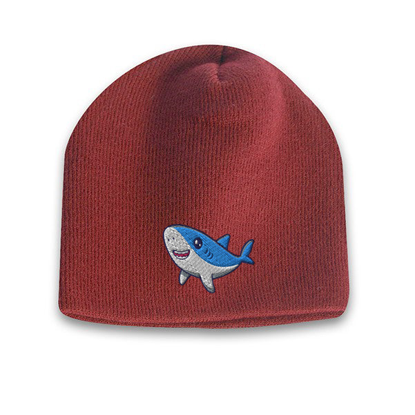 Maroon acrylic knit beanie with embroidered cute shark logo on the front