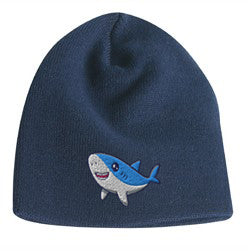 Navy acrylic knit beanie with embroidered cute shark logo on the front
