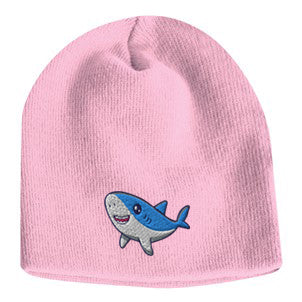 Pink acrylic knit beanie with embroidered cute shark logo on the front