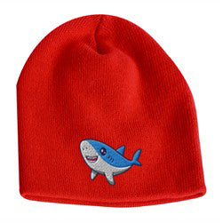 Red acrylic knit beanie with embroidered cute shark logo on the front