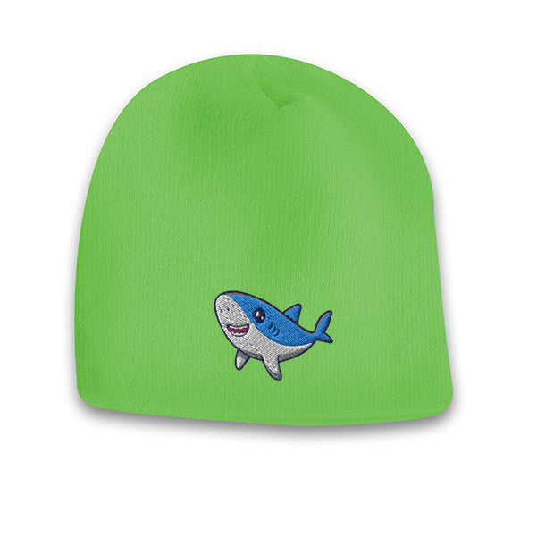 Safety green acrylic knit beanie with embroidered cute shark logo on the front
