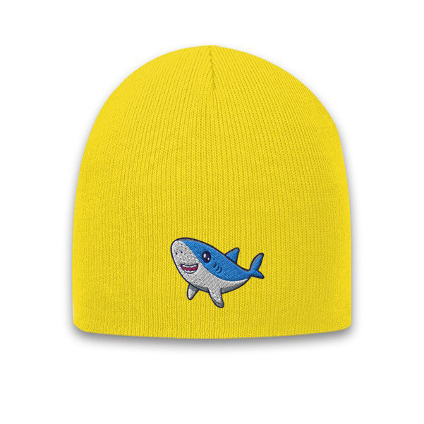 Safety yellow acrylic knit beanie with embroidered cute shark logo on the front
