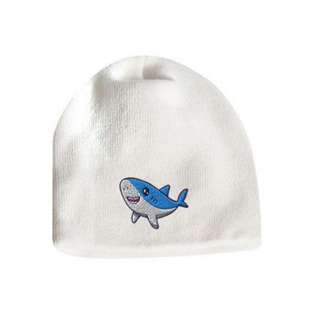 White acrylic knit beanie with embroidered cute shark logo on the front