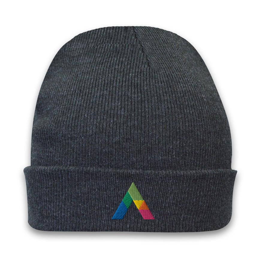 Acrylic roll up knit toque beanie in charcoal grey with a multicolor embroidered logo on the front cuff.