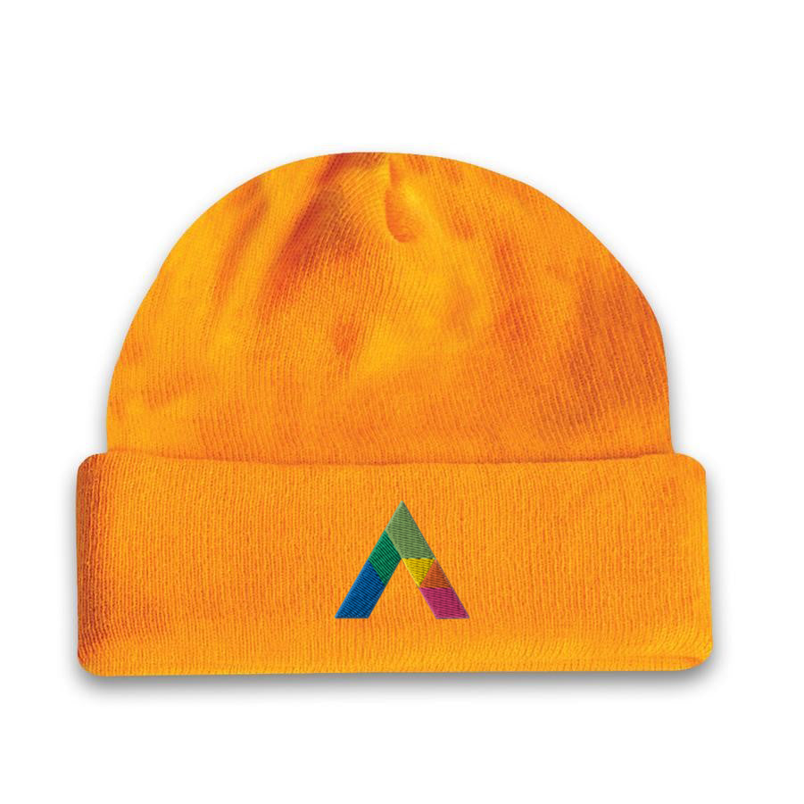 Acrylic roll up knit toque beanie in gold yellow with a multicolor embroidered logo on the front cuff.