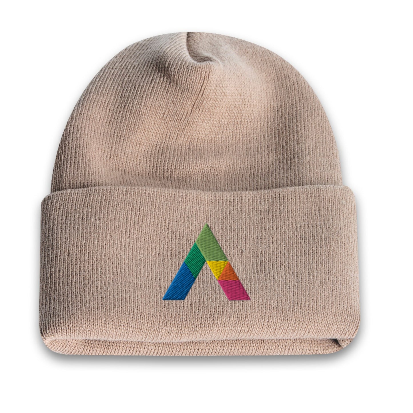 Acrylic roll up knit toque beanie in khaki with a multicolor embroidered logo on the front cuff.