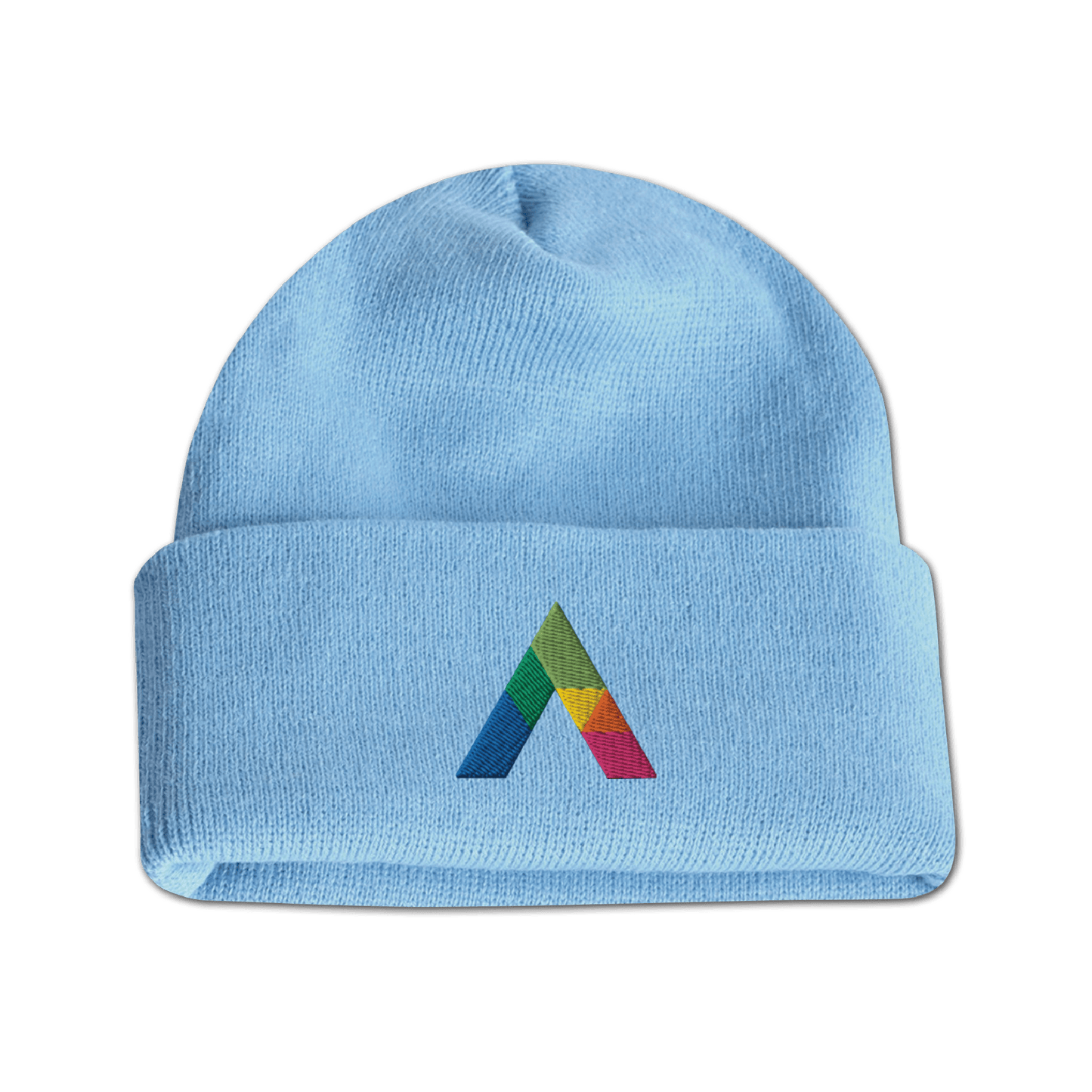 Acrylic roll up knit toque beanie in light blue with a multicolor embroidered logo on the front cuff.
