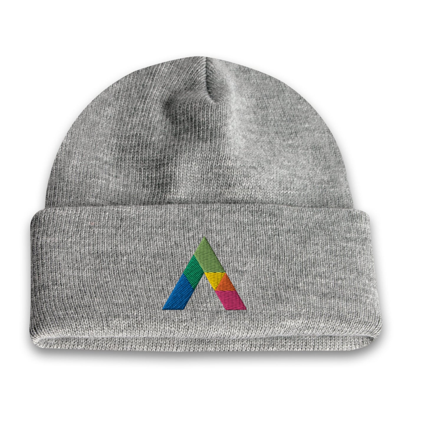Acrylic roll up knit toque beanie in light grey with a multicolor embroidered logo on the front cuff.