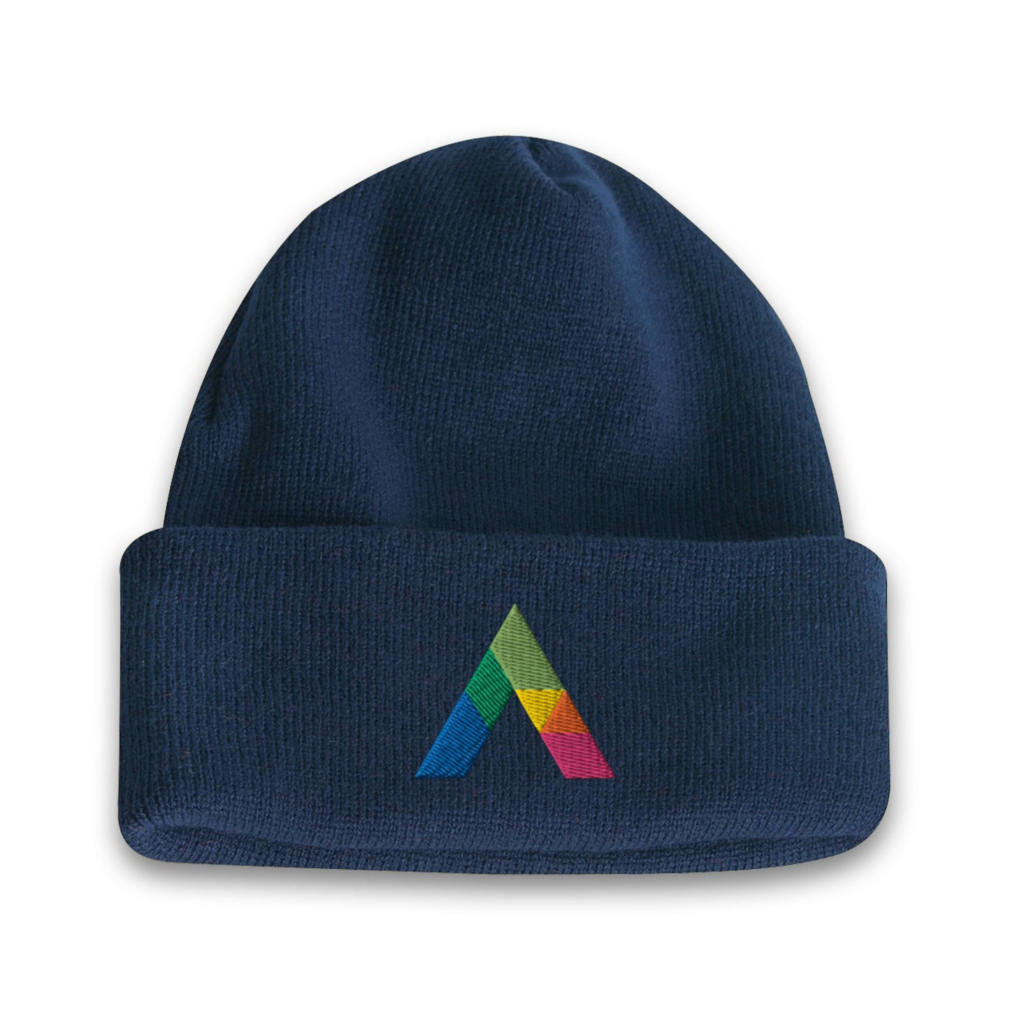 Acrylic roll up knit toque beanie in navy blue with a multicolor embroidered logo on the front cuff.