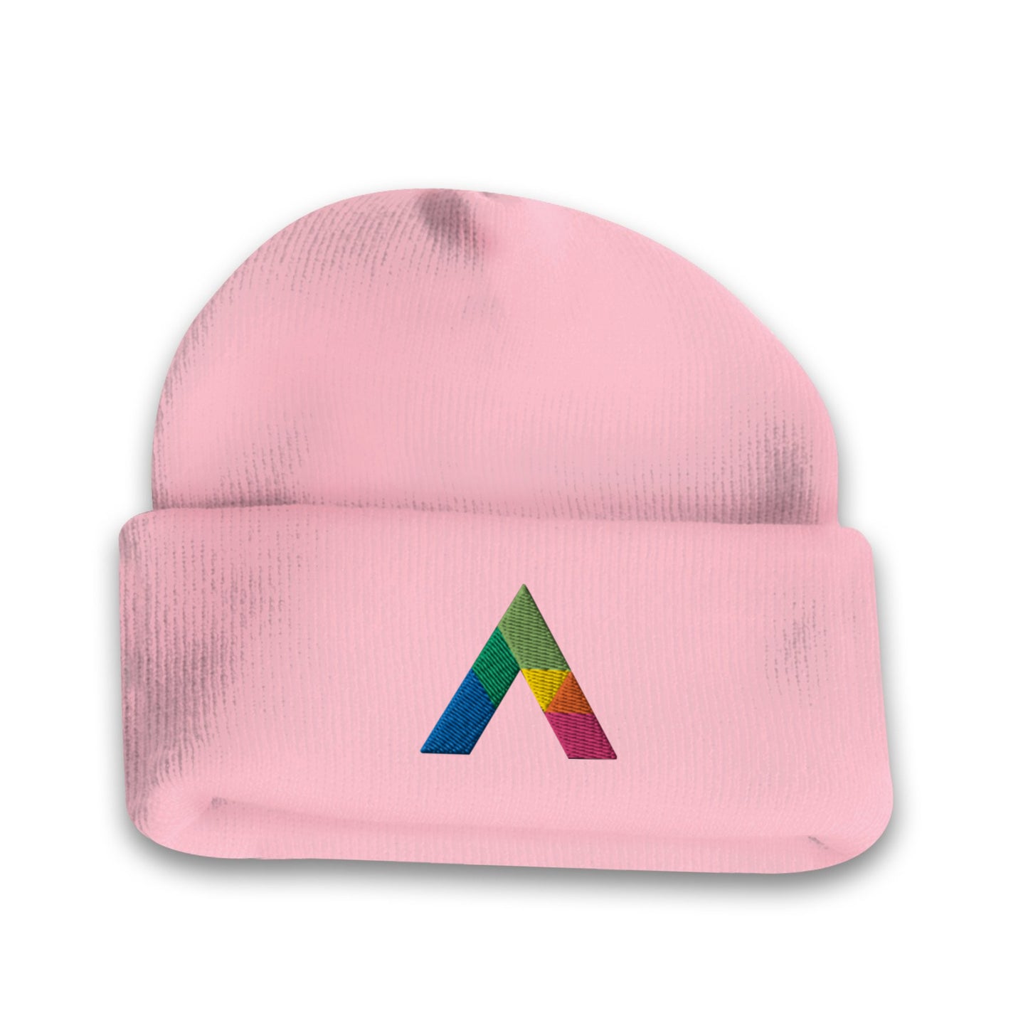 Acrylic roll up knit toque beanie in pink with a multicolor embroidered logo on the front cuff.