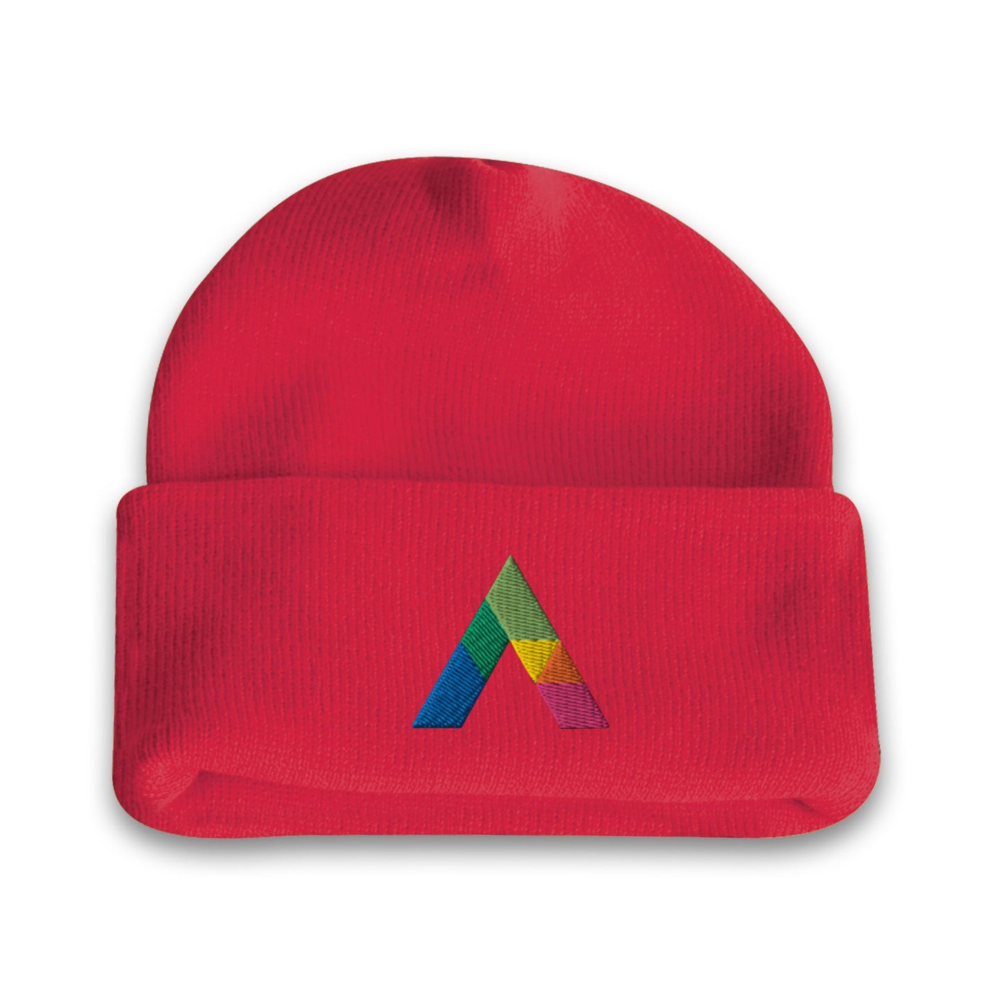 Acrylic roll up knit toque beanie in red with a multicolor embroidered logo on the front cuff.