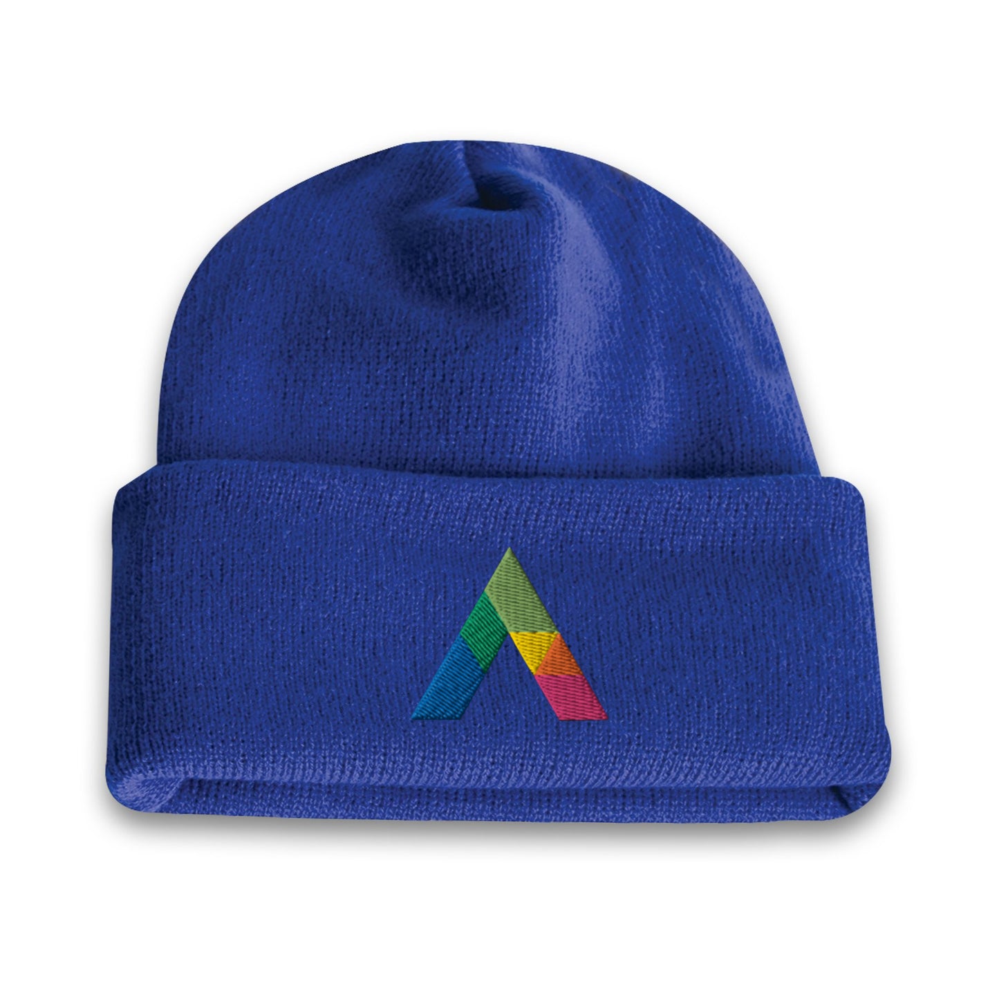 Acrylic roll up knit toque beanie in royal blue with a multicolor embroidered logo on the front cuff.