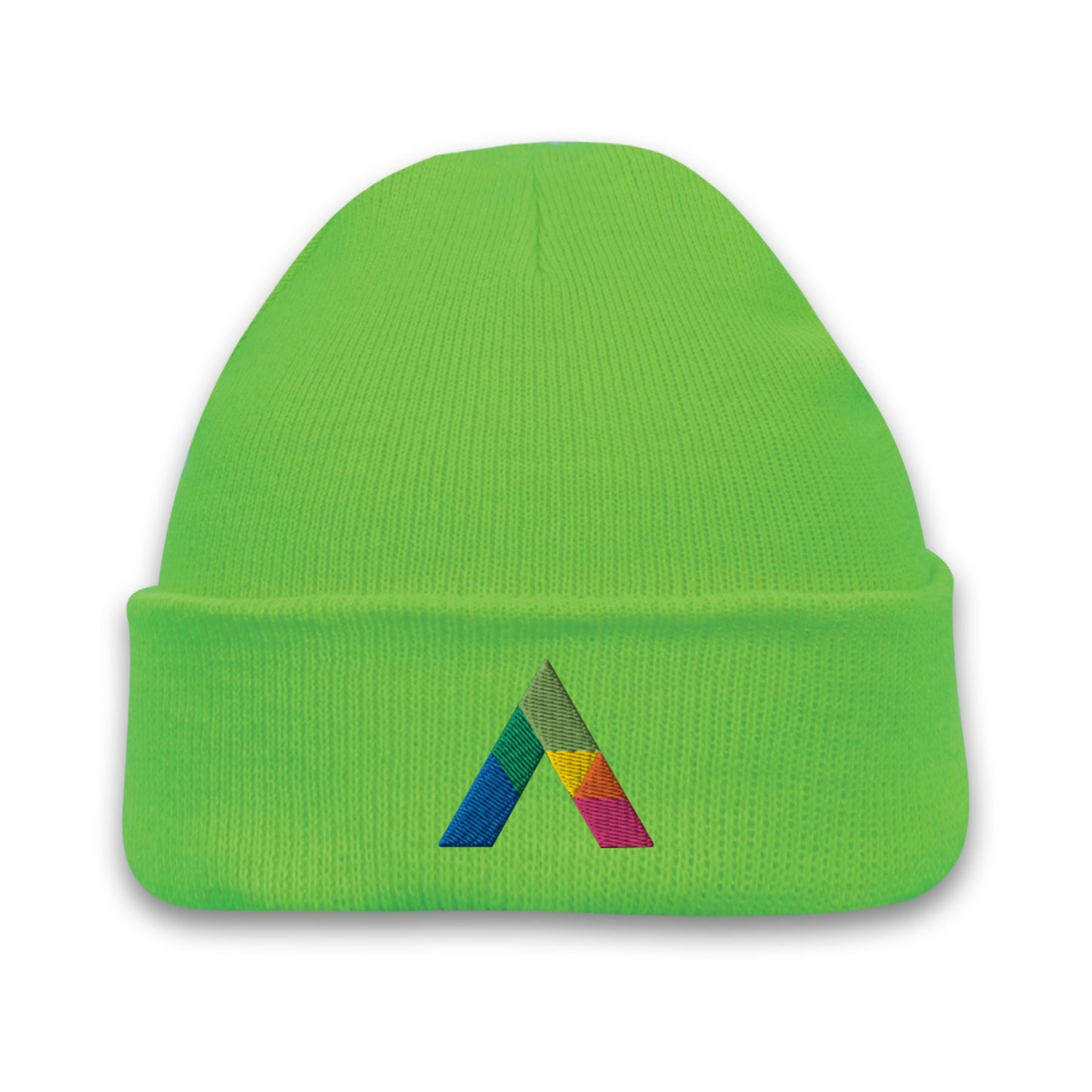 Acrylic roll up knit toque beanie in safety green with a multicolor embroidered logo on the front cuff.