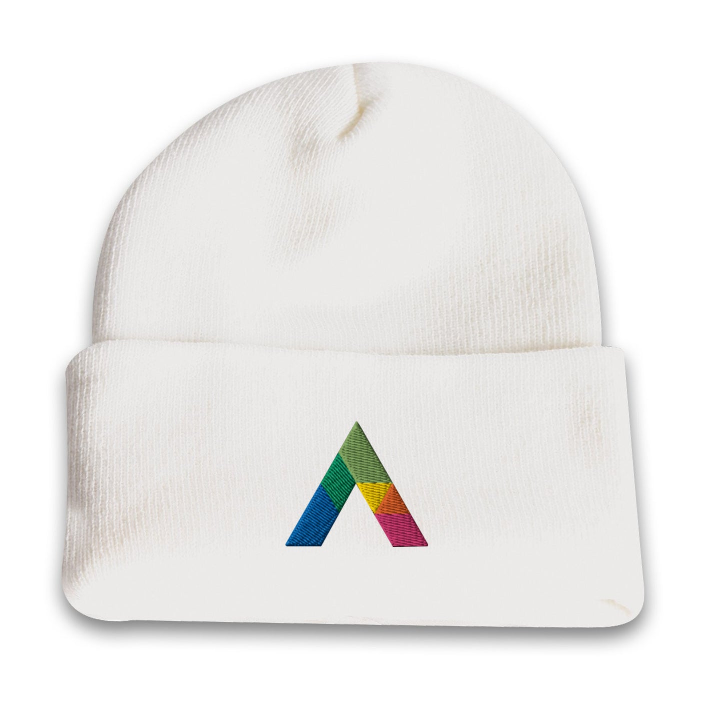 Acrylic roll up knit toque beanie in white with a multicolor embroidered logo on the front cuff.