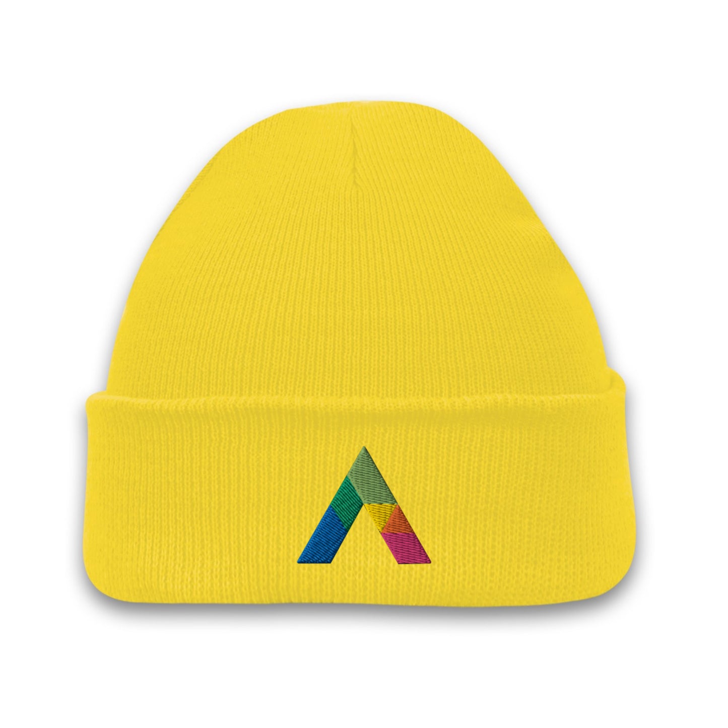 Acrylic roll up knit toque beanie in yellow with a multicolor embroidered logo on the front cuff.