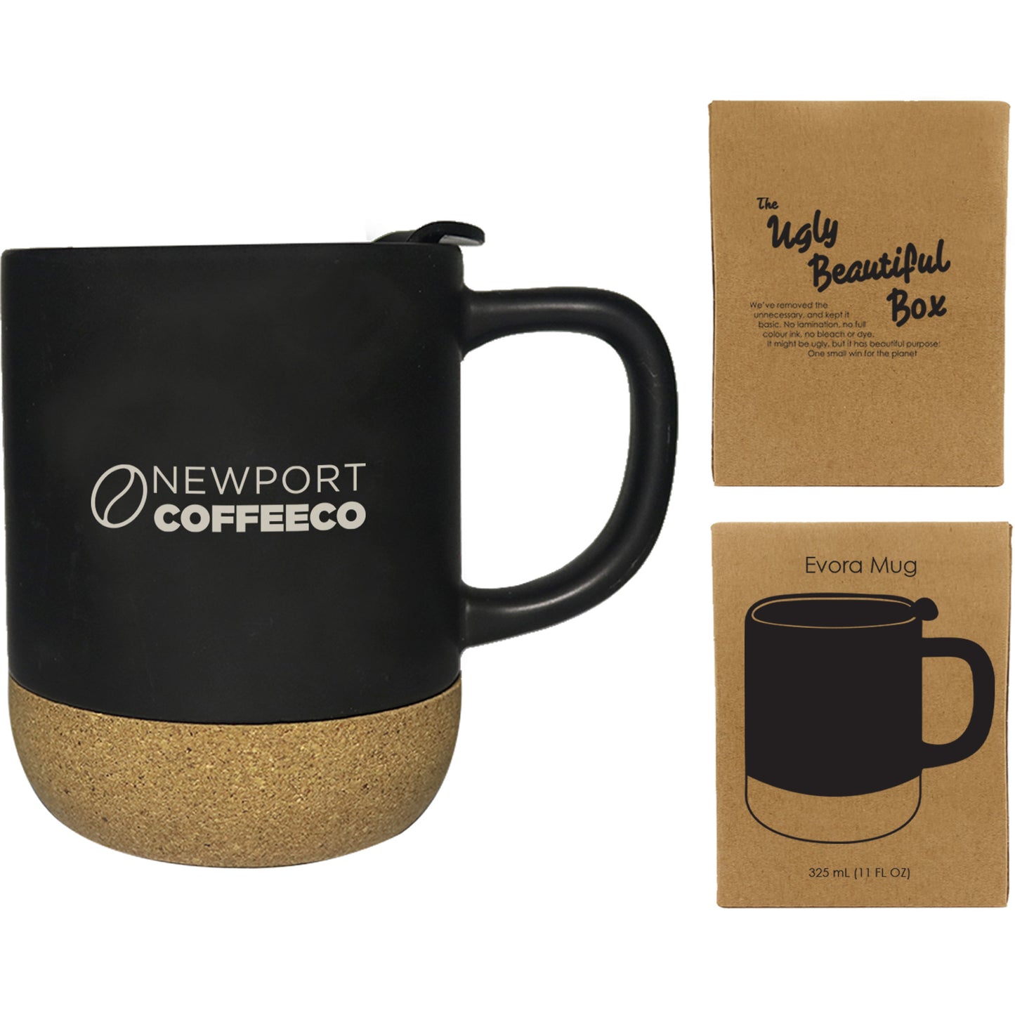 Black Evora ceramic mug with cork base and lid featuring Newport Coffee Co logo, shown with eco-friendly Ugly Beautiful packaging, ideal for coffee shops and promotional drinkware