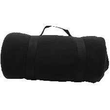 Black fleece blanket rolled and secured with black straps and a carry handle, perfect for travel and outdoor activities