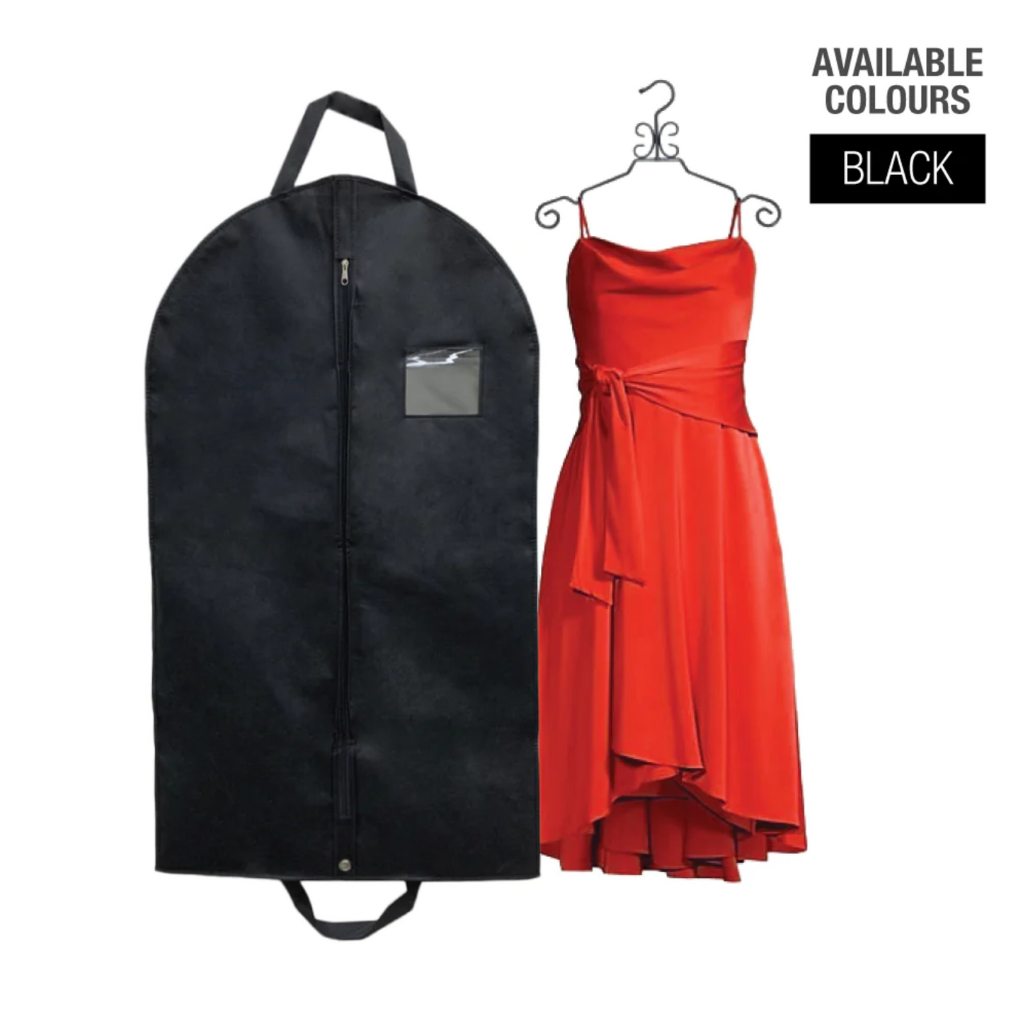 Black non-woven garment bag measuring 24 by 42 inches, displayed beside a red dress to show size and coverage for formal wear storage.