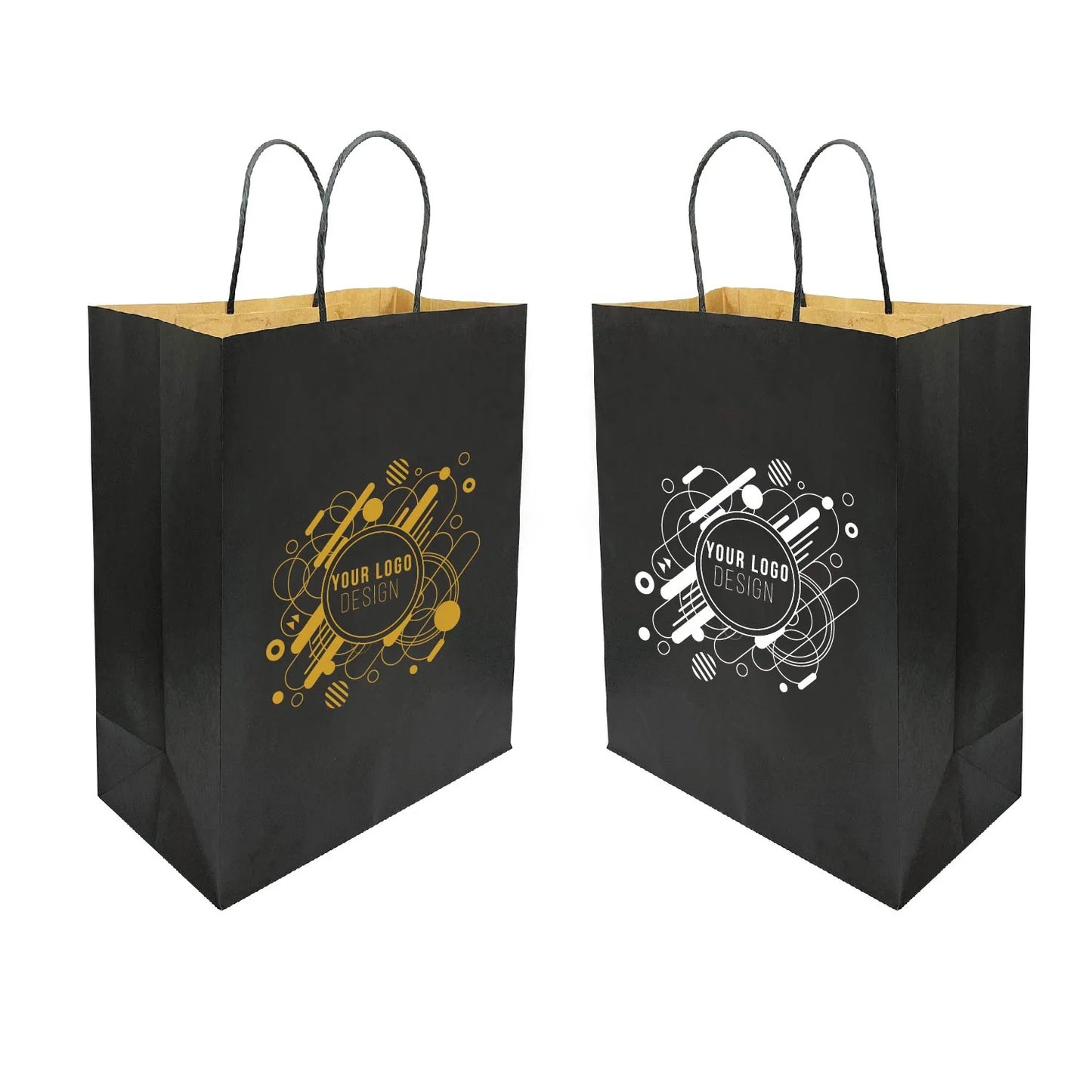 Black paper bags with twisted handles, size 10 inches wide by 5 inches deep by 13 inches high, shown with custom logo designs in gold and white, 250 pieces per box.