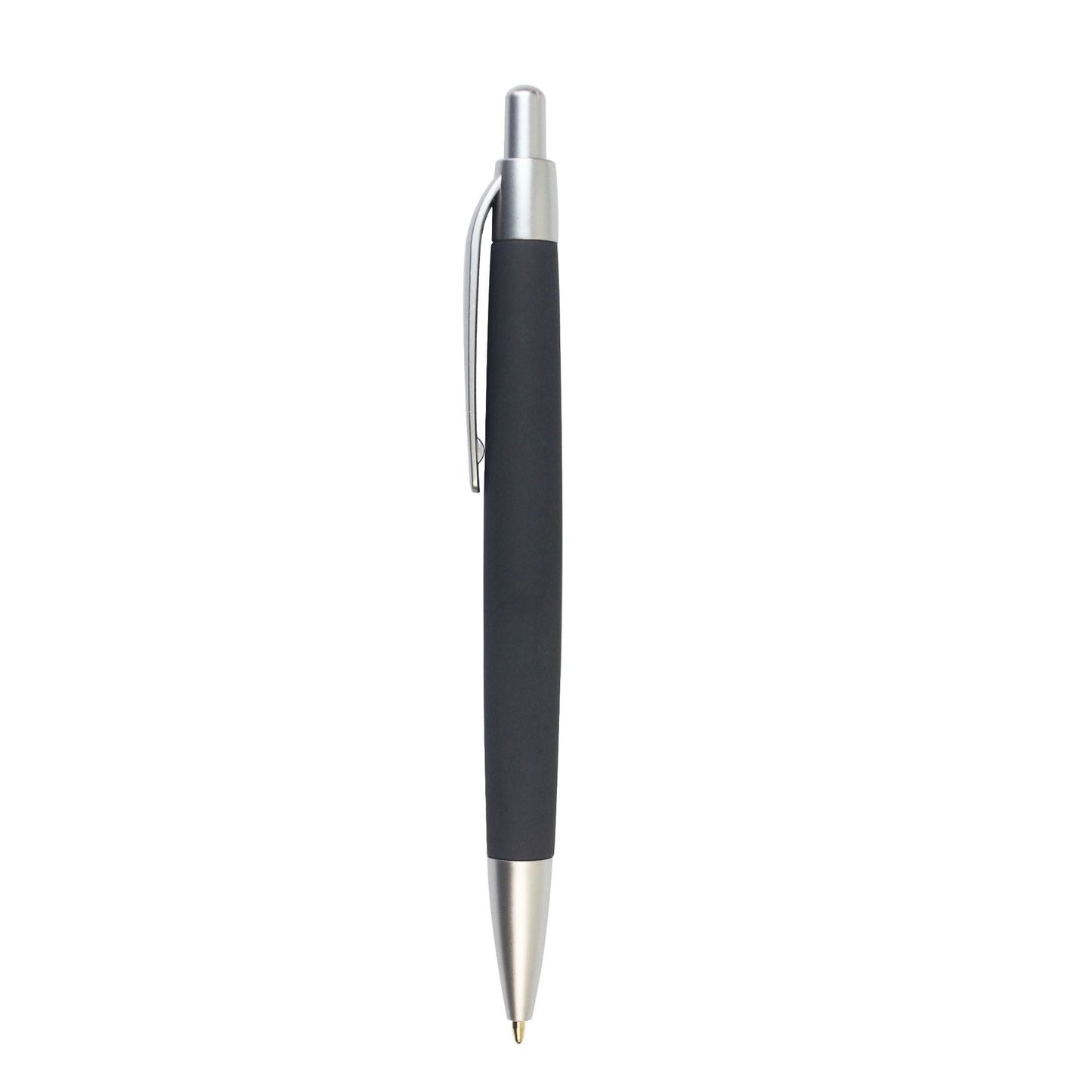 Black promotional click-action plastic ballpoint pen with silver clip and tip, no logo.