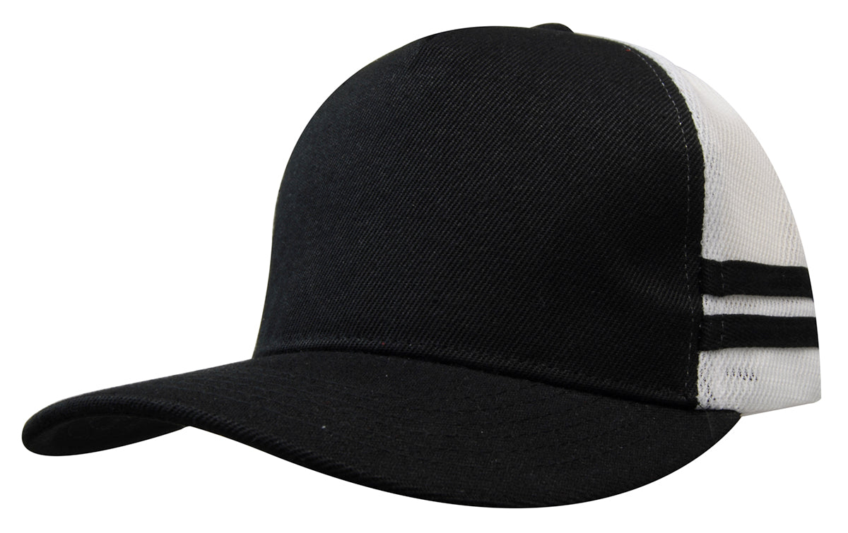 Black American premium twill and white mesh deep fit trucker hat with black side stripes